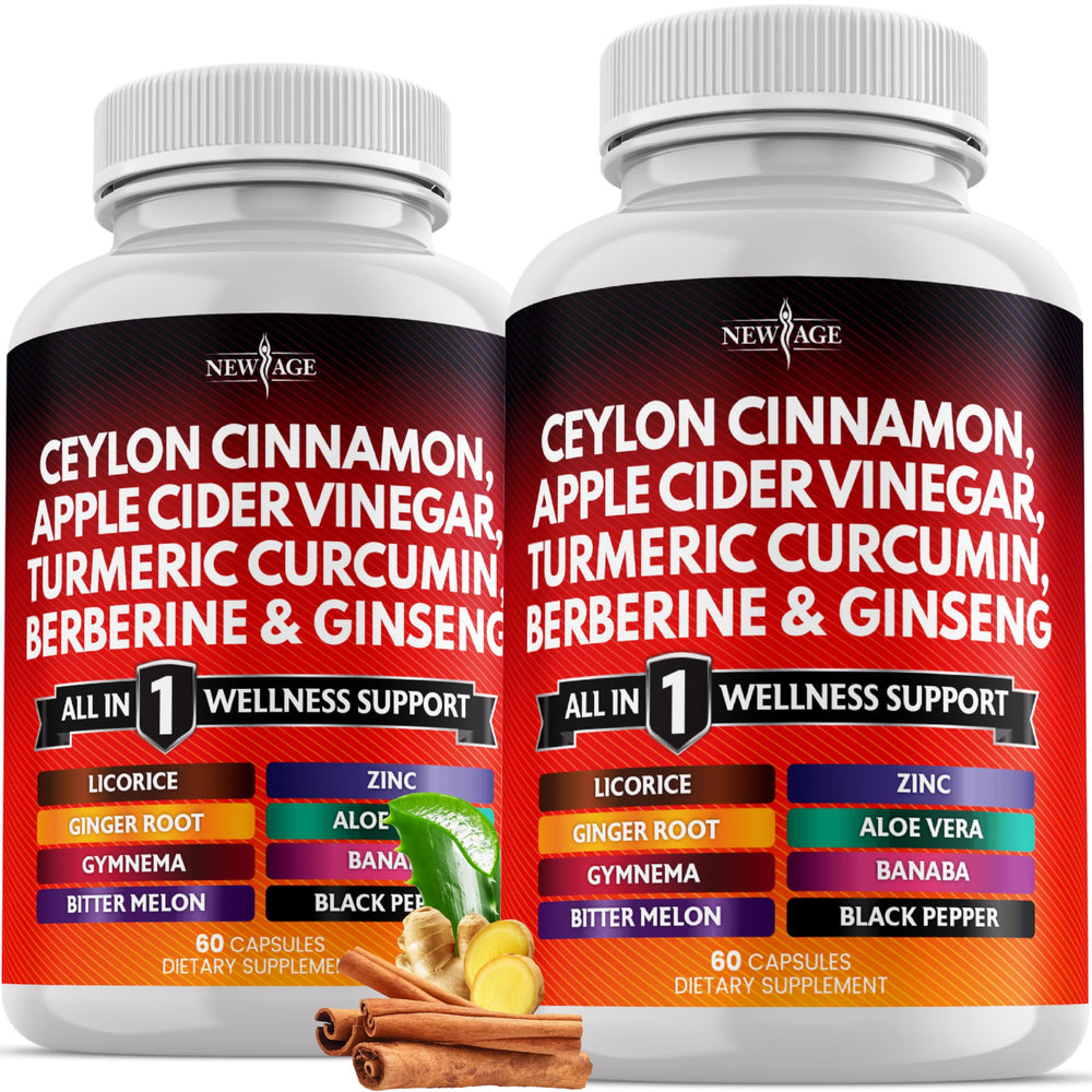 NEW AGE ceylon cinnamon-turmeric-apple cider vinegar capsules bottle for daily wellness.