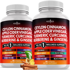 NEW AGE ceylon cinnamon-turmeric-apple cider vinegar capsules bottle for daily wellness.