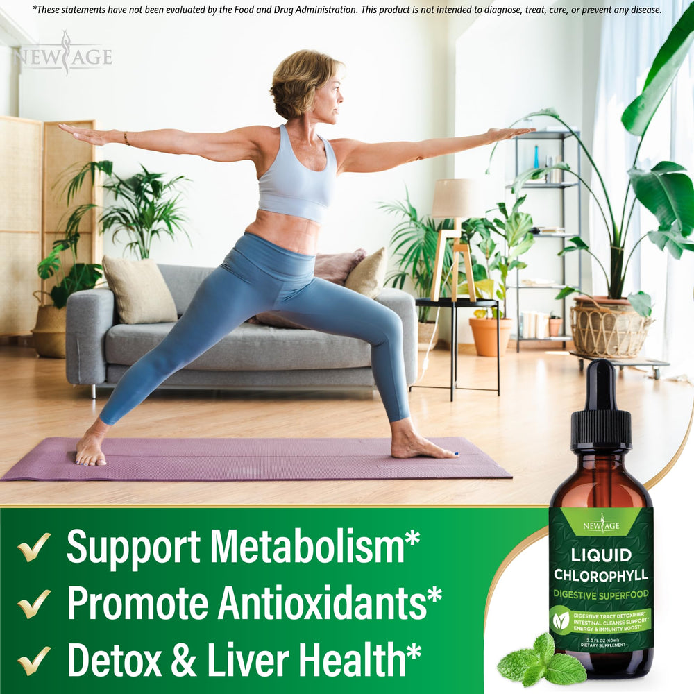 NEW AGE Chlorophyll Drops in a glass promoting immune-friendly routine