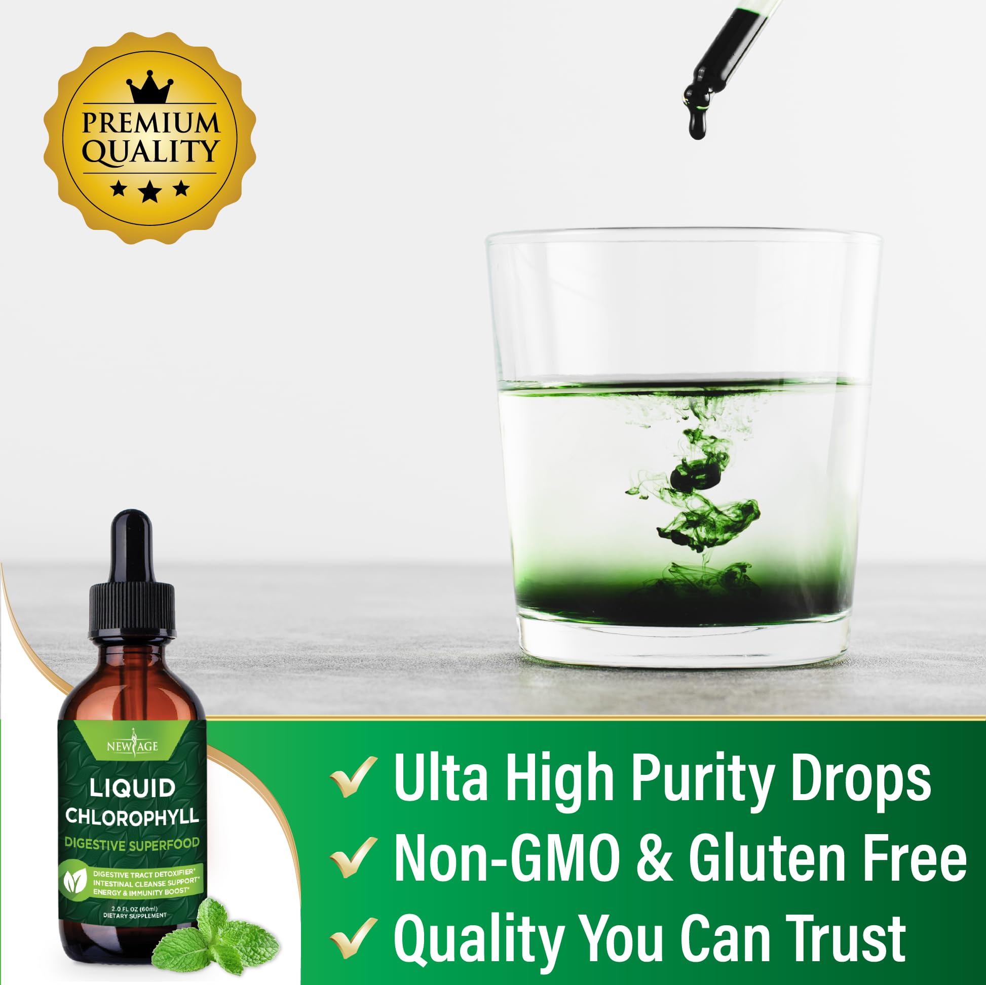 Chlorophyll Drops blended into water to form a bright green juice