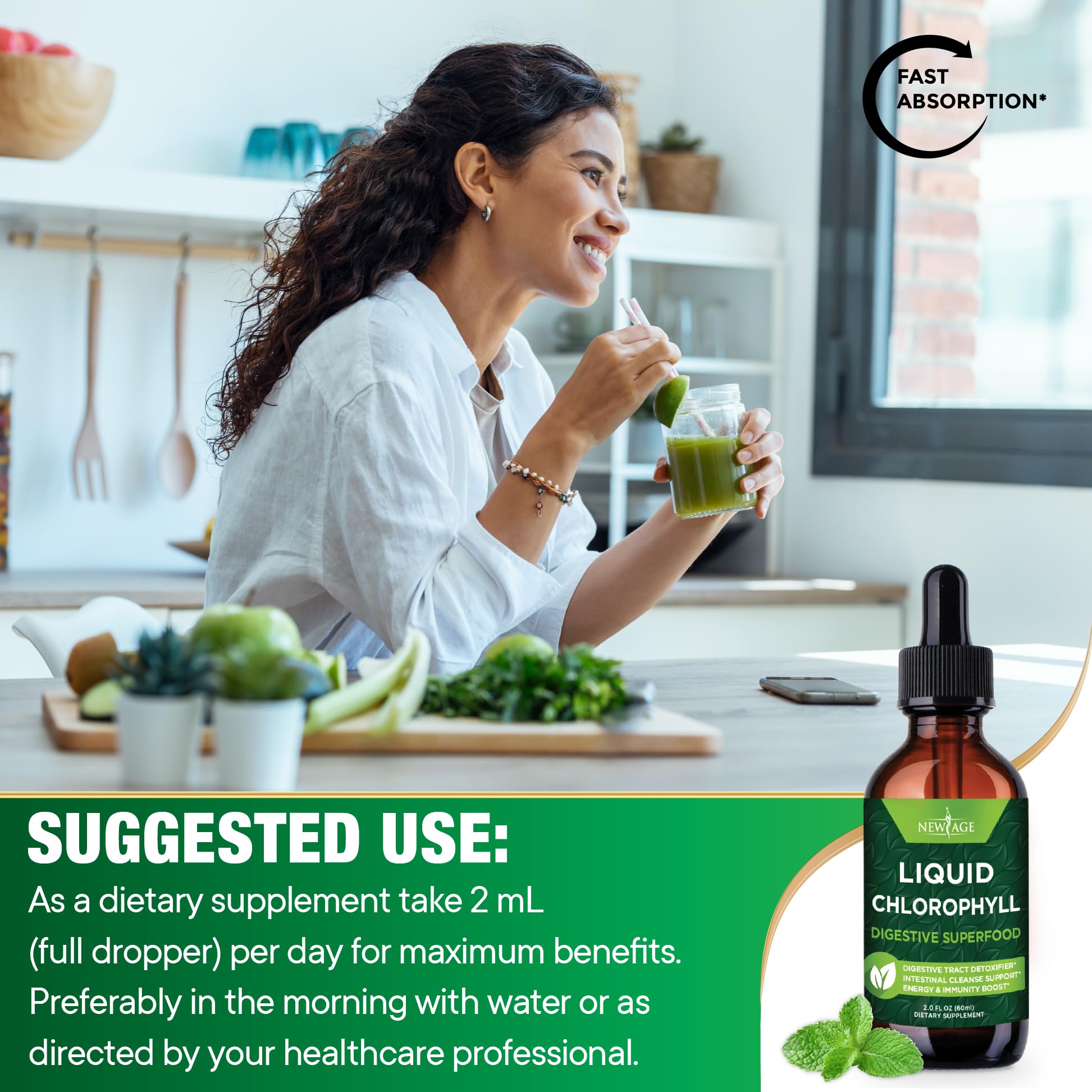 Daily ritual with NEW AGE chlorophyll drops supporting internal balance