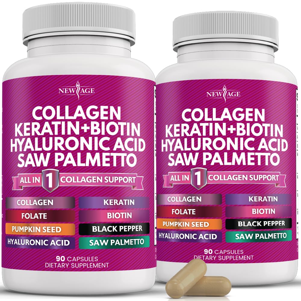 NEW AGE Collagen Pills bottle front showcasing grass-fed collagen for hair and nails.