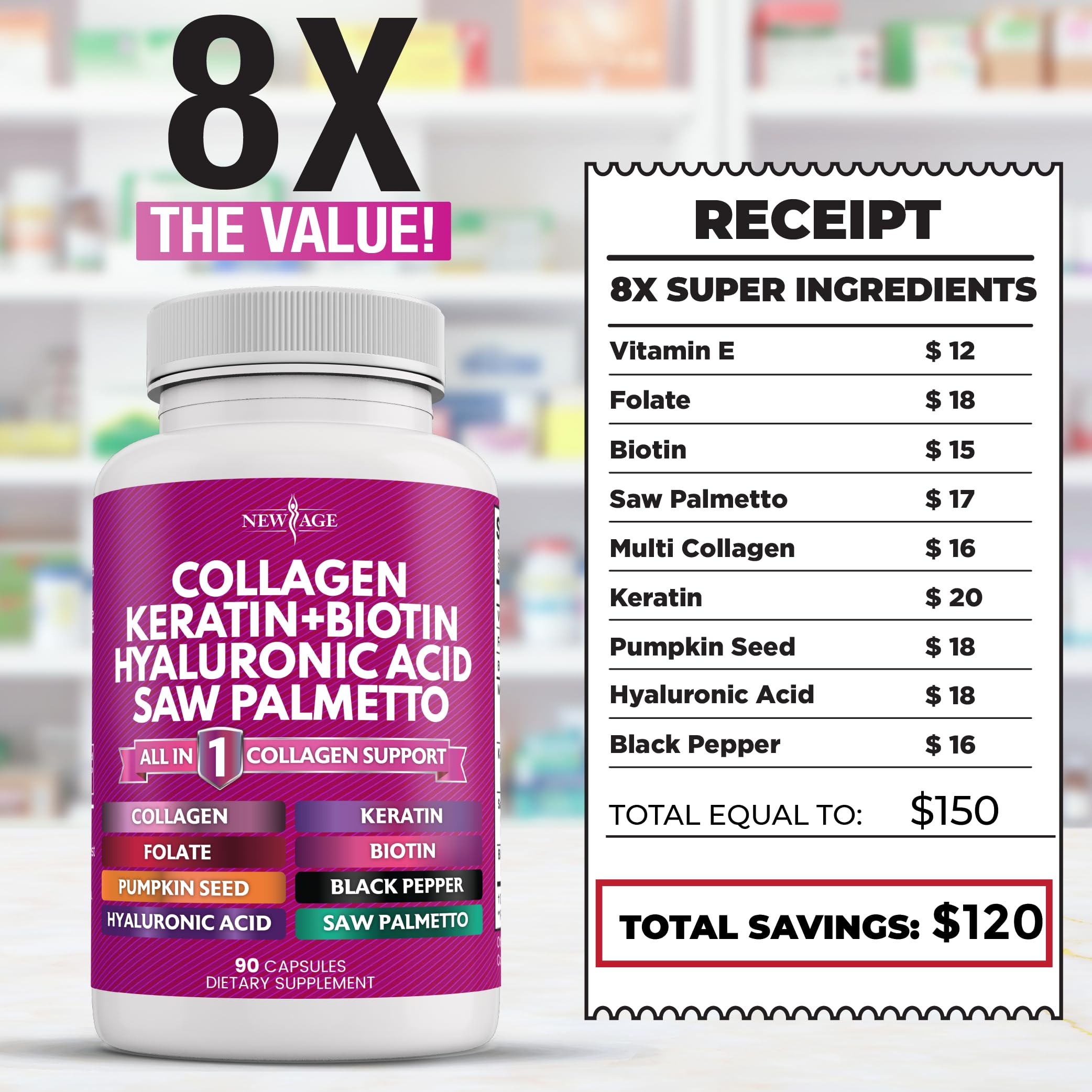 NEW AGE Collagen Pills beside pumpkin seeds and hyaluronic acid icons.