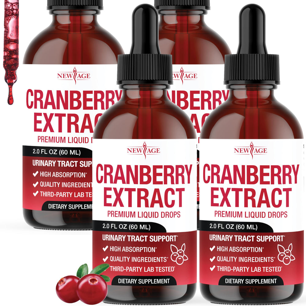 NEW AGE Cranberry Drops bottle close-up showing sugar-free, alcohol-free formulation.
