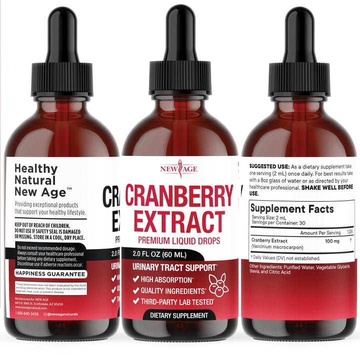 NEW AGE Cranberry Drops with fresh cranberries in background, natural antioxidants.