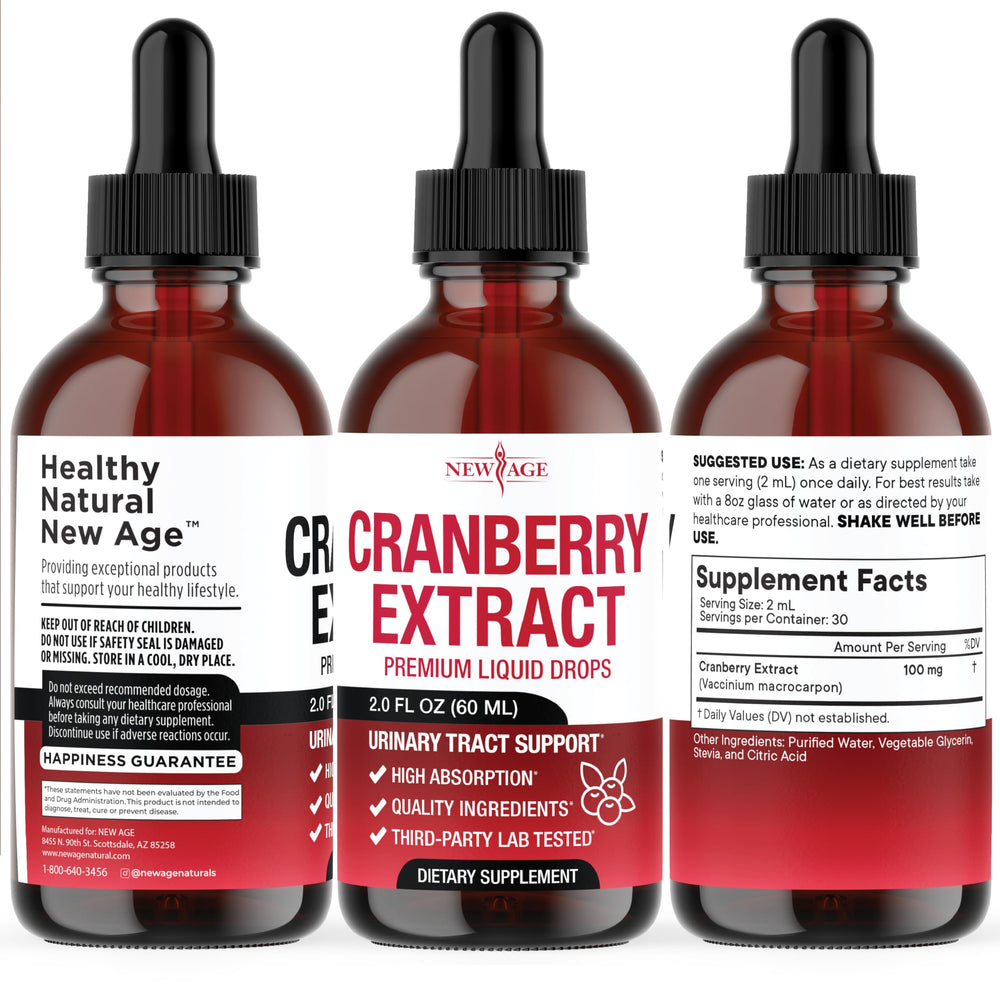 NEW AGE Cranberry Drops with fresh cranberries in background, natural antioxidants.