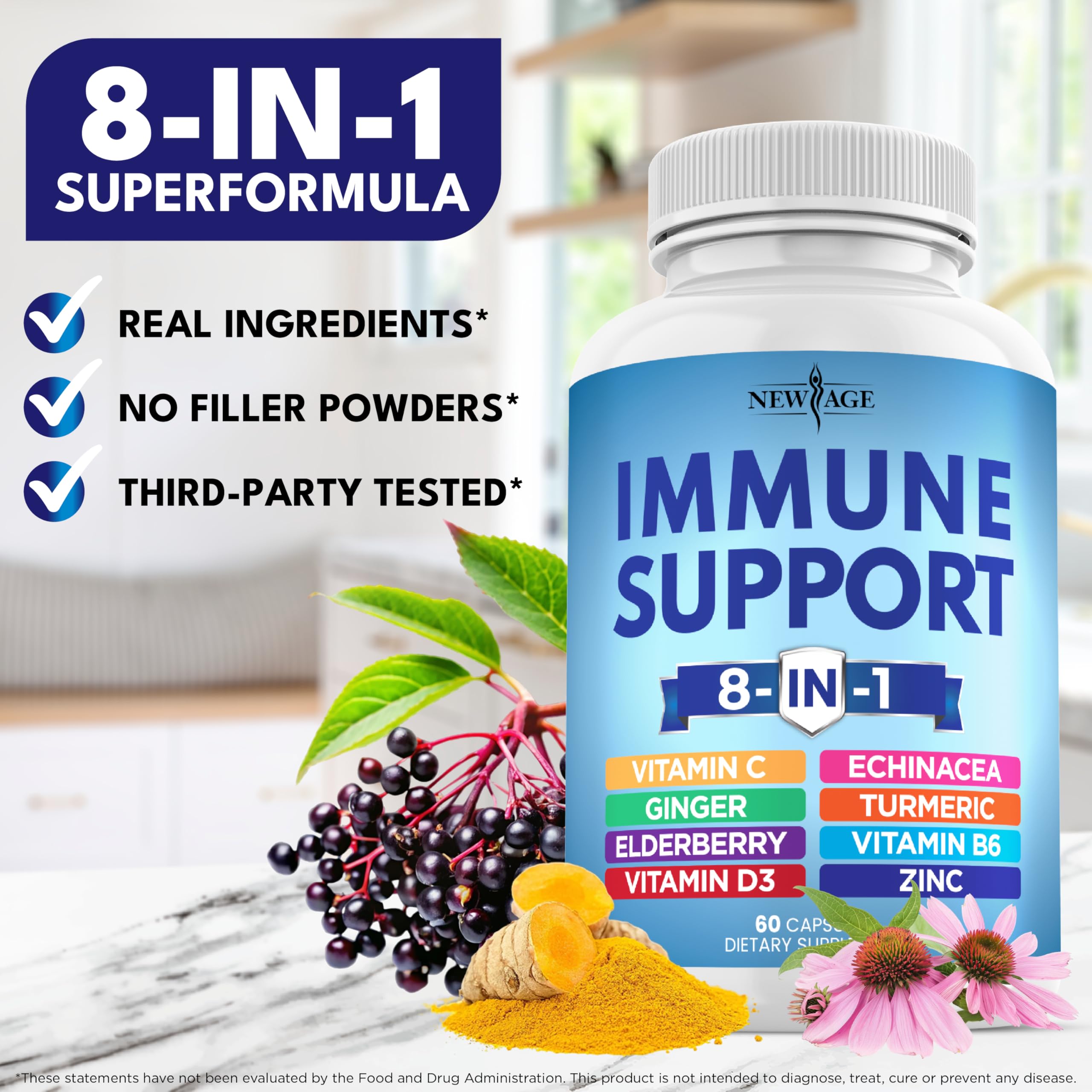 New Age echinacea turmeric ginger visual demonstrates multi-ingredient blend