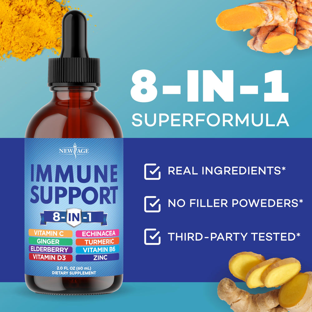 NEW AGE elderberry turmeric ginger drops emphasize natural antioxidants.