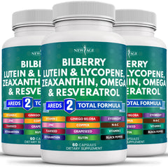 NEW AGE Eye Health bottle with capsules, bilberry extract for daily eye support.