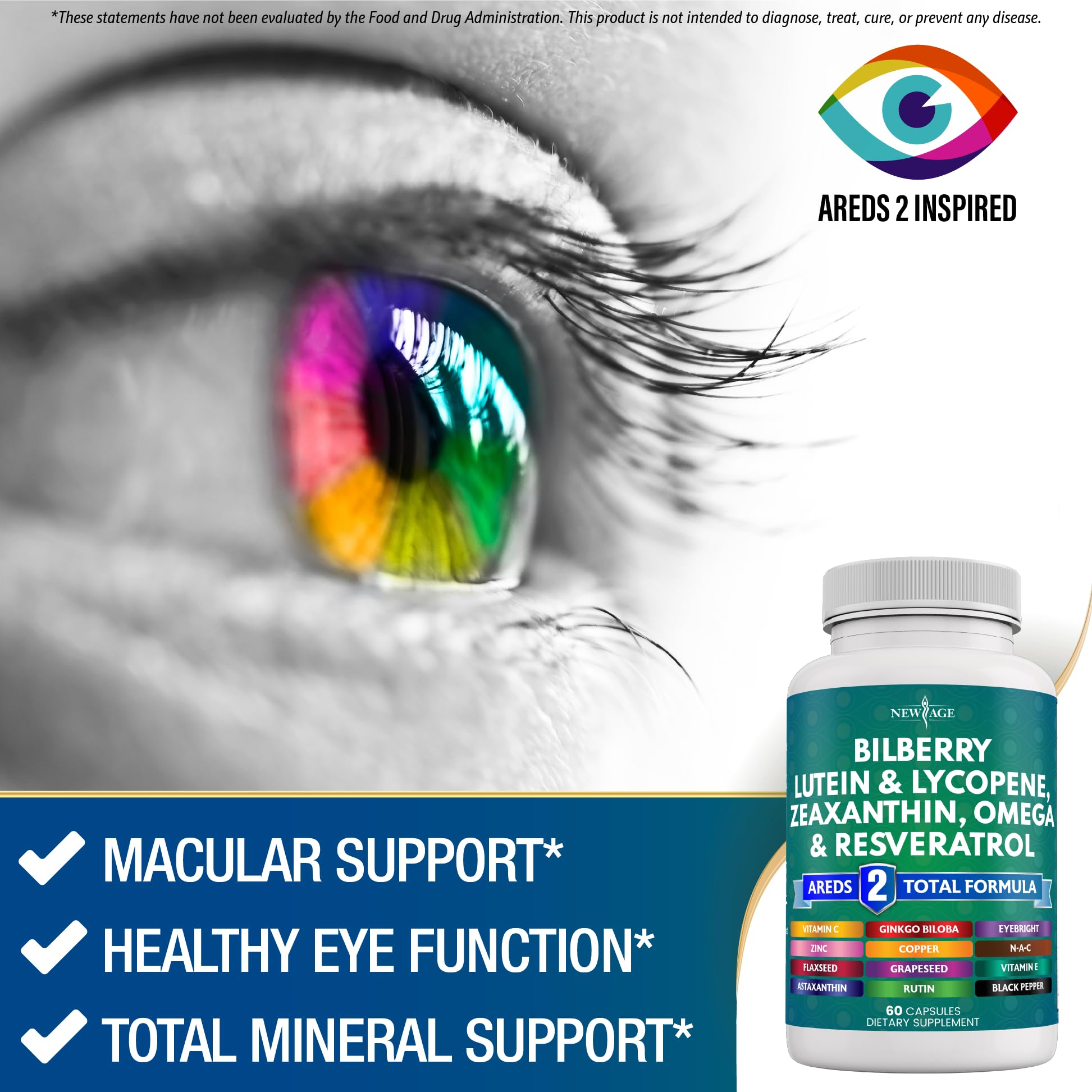 NEW AGE Eye Health bilberry capsule emphasizes berry-derived antioxidants for vitality.