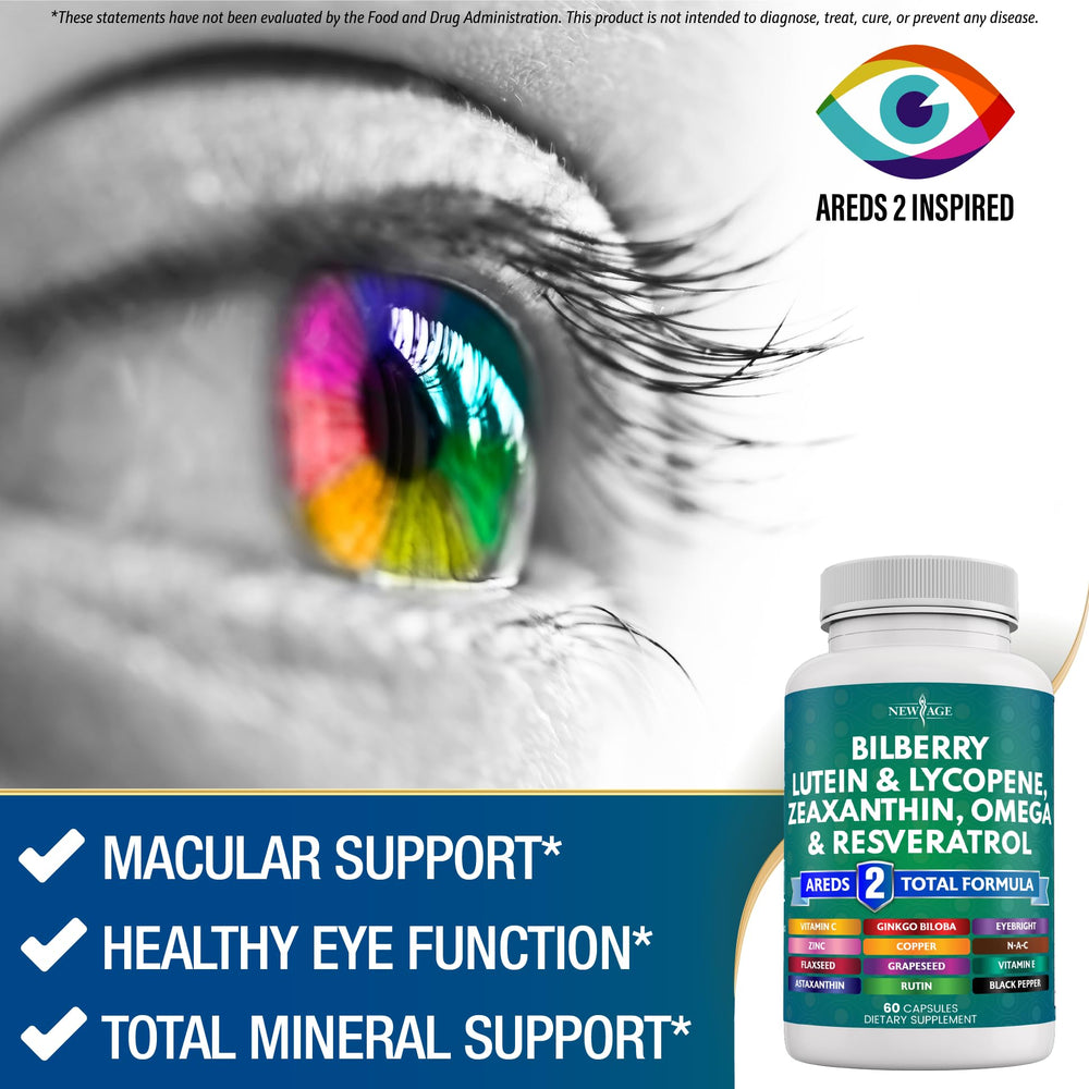 NEW AGE Eye Health bilberry capsule emphasizes berry-derived antioxidants for vitality.