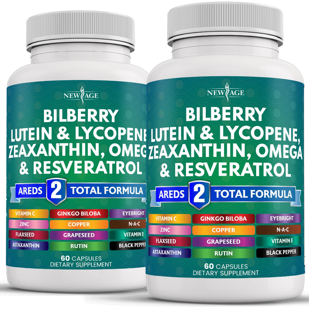 NEW AGE Eye Health bottle label highlights bilberry and antioxidants for daily protection.