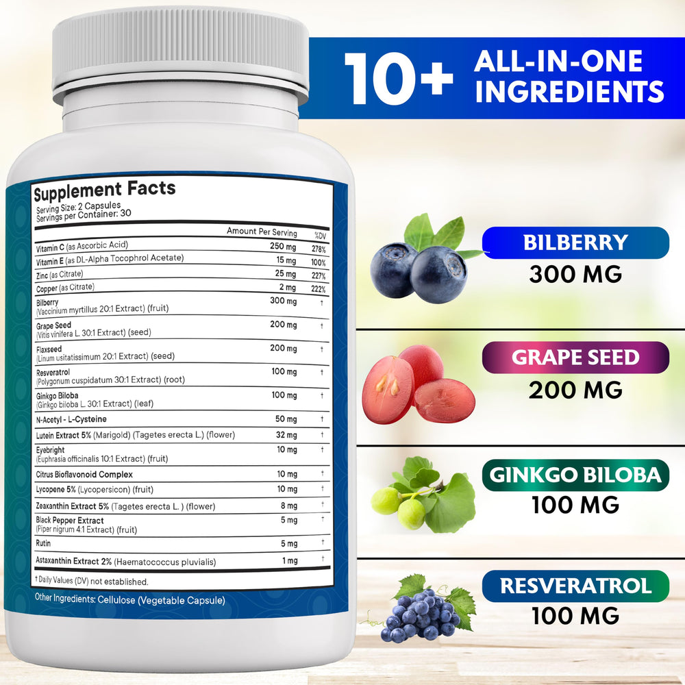 NEW AGE Eye Health bottle pour illustrates simple daily supplementation routine.