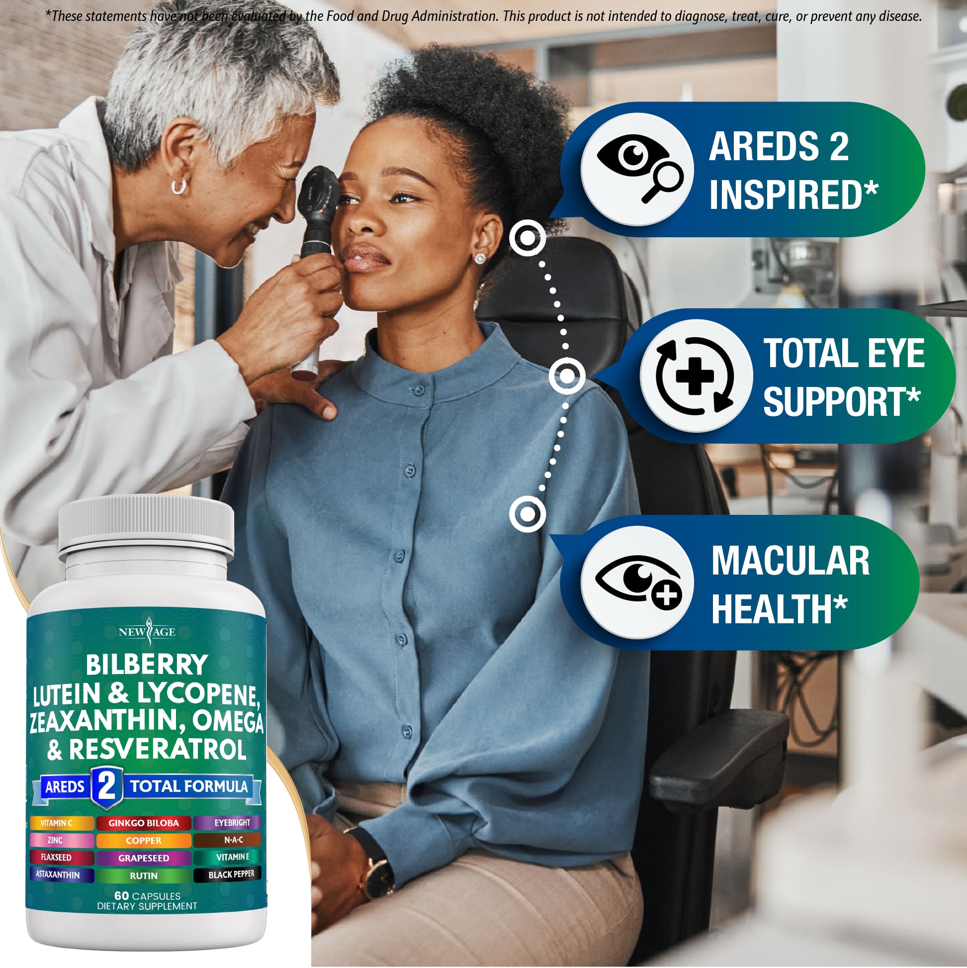 NEW AGE eye vitamins capsules showcasing lutein and zeaxanthin for clarity.