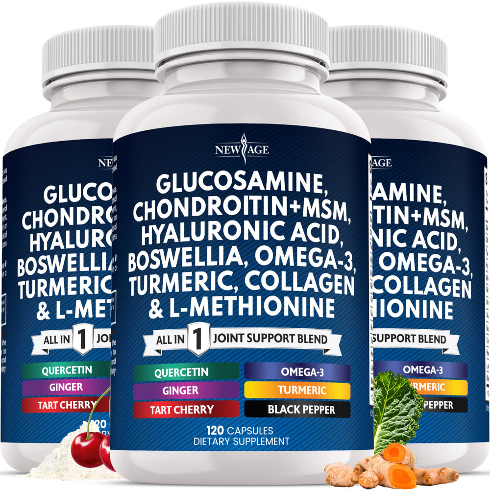 NEW AGE Glucosamine Chondroitin MSM bottle showing all-in-one joint support potential.
