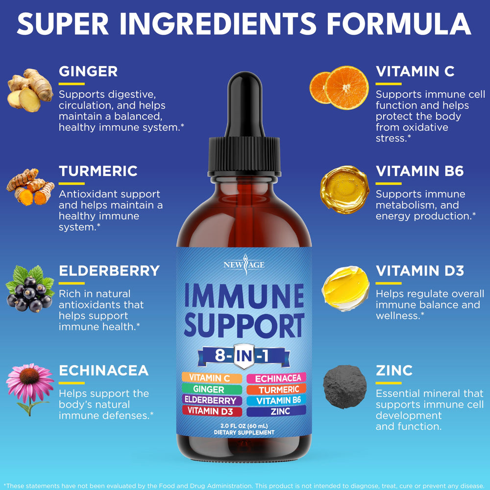 NEW AGE immune drops pour shows fast-absorbing liquid delivery.