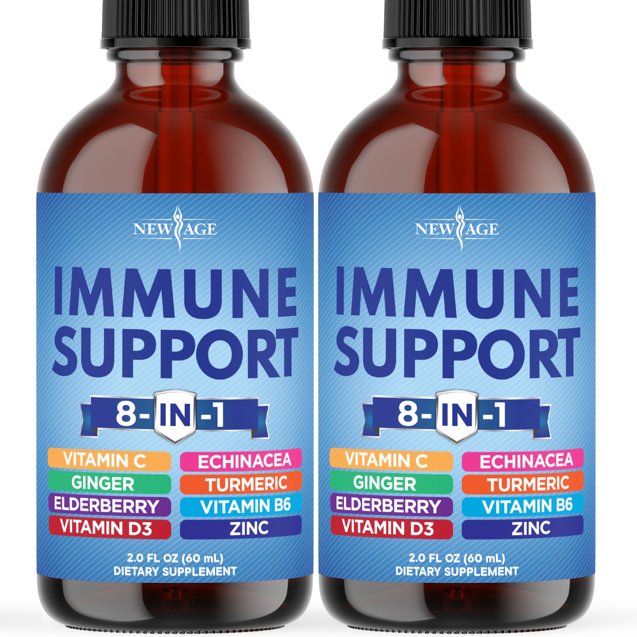NEW AGE immune support liquid drops bottle pour shows fast-absorbing formula for daily immune defense.
