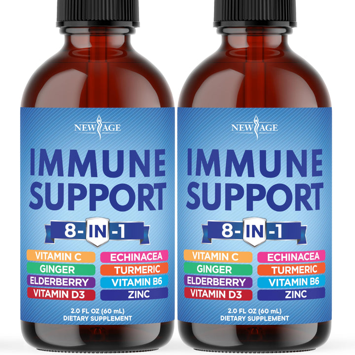 NEW AGE immune support liquid drops bottle pour shows fast-absorbing formula for daily immune defense.