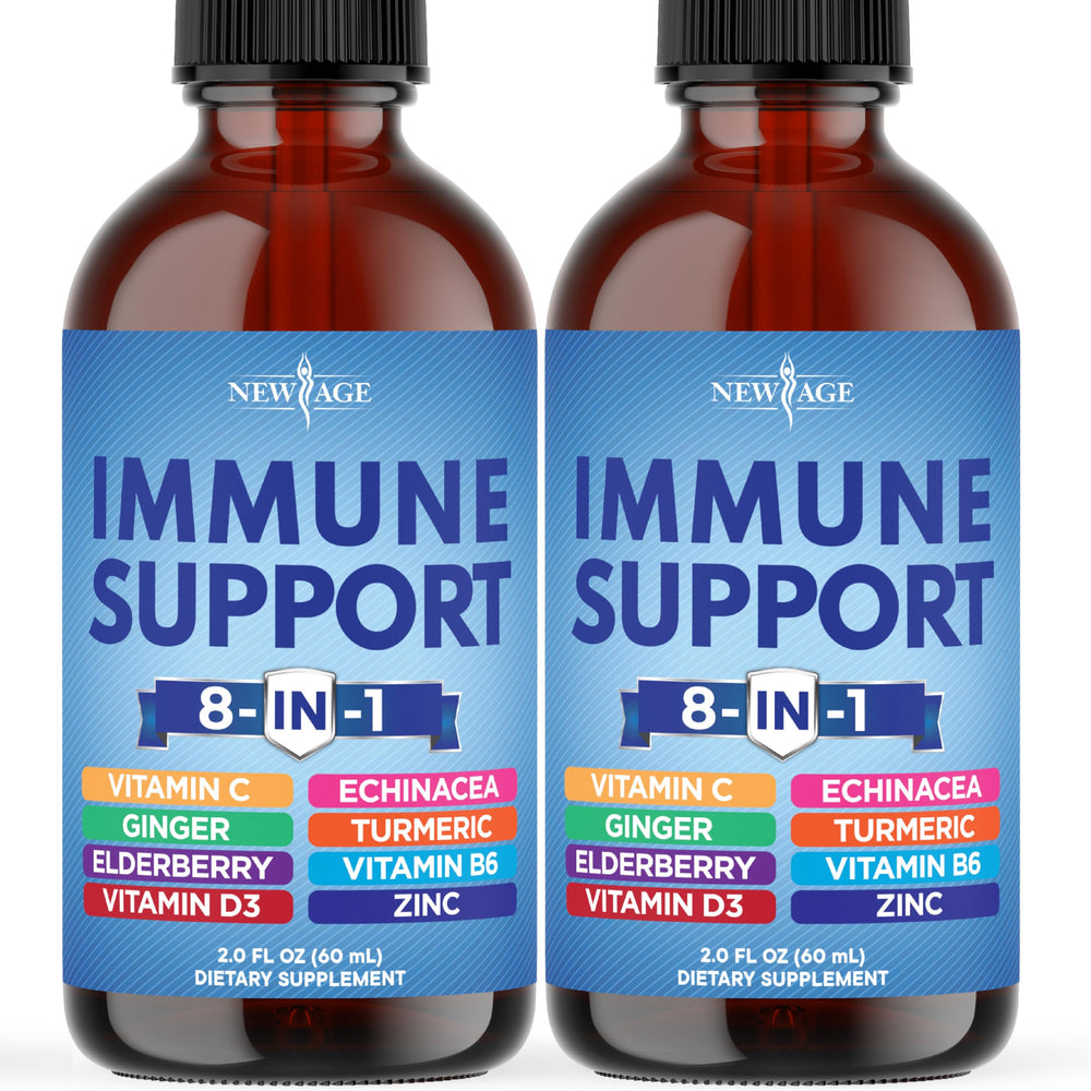 NEW AGE immune support liquid drops bottle pour shows fast-absorbing formula for daily immune defense.
