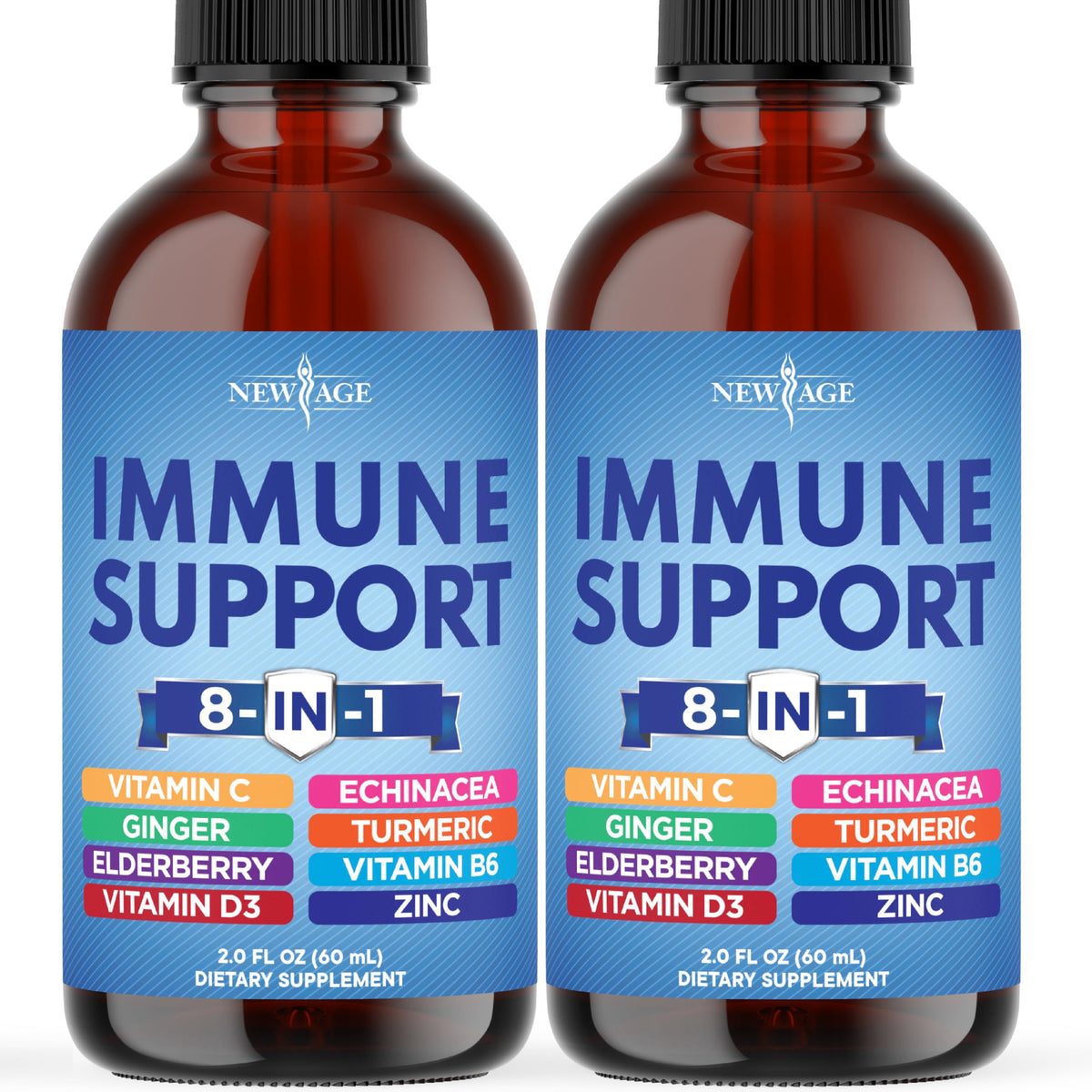 NEW AGE immune support liquid drops bottle pour shows fast-absorbing formula for daily immune defense.