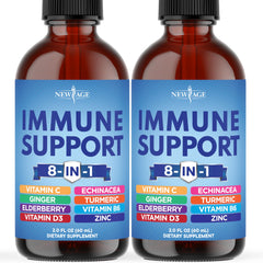 NEW AGE immune support liquid drops bottle pour shows fast-absorbing formula for daily immune defense.