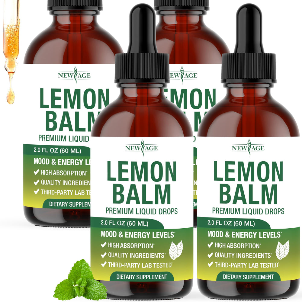 New Age Lemon Balm Tincture bottle pour boosts easy mood support
