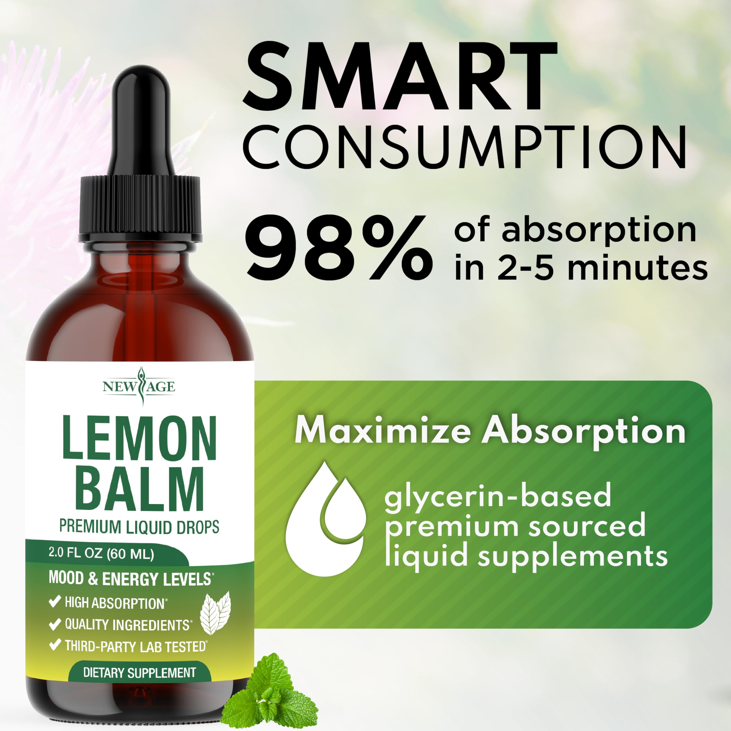 New Age Lemon Balm tincture dropper-cap shows convenient dosing on the go