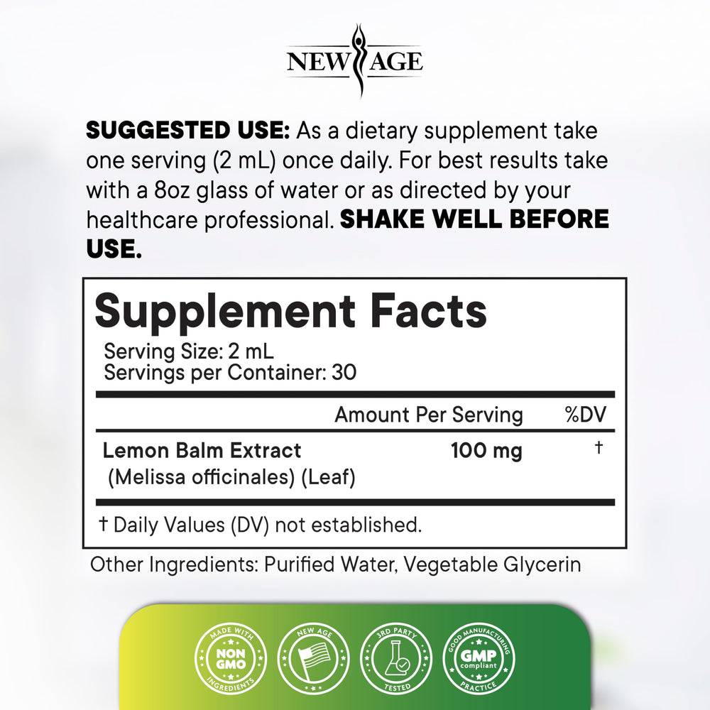 New Age Lemon Balm tincture glass bottle conveys purity and reliability