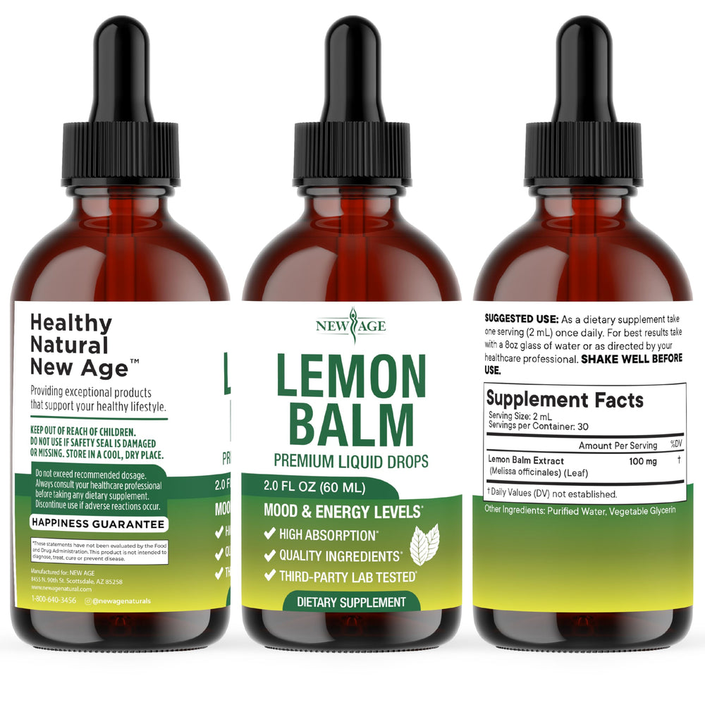 New Age Lemon Balm tincture product overview highlights mood and digestion versatility