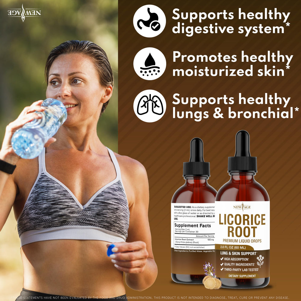 NEW AGE Licorice Root Drops bottle angled to show label and dropper easy dosing.