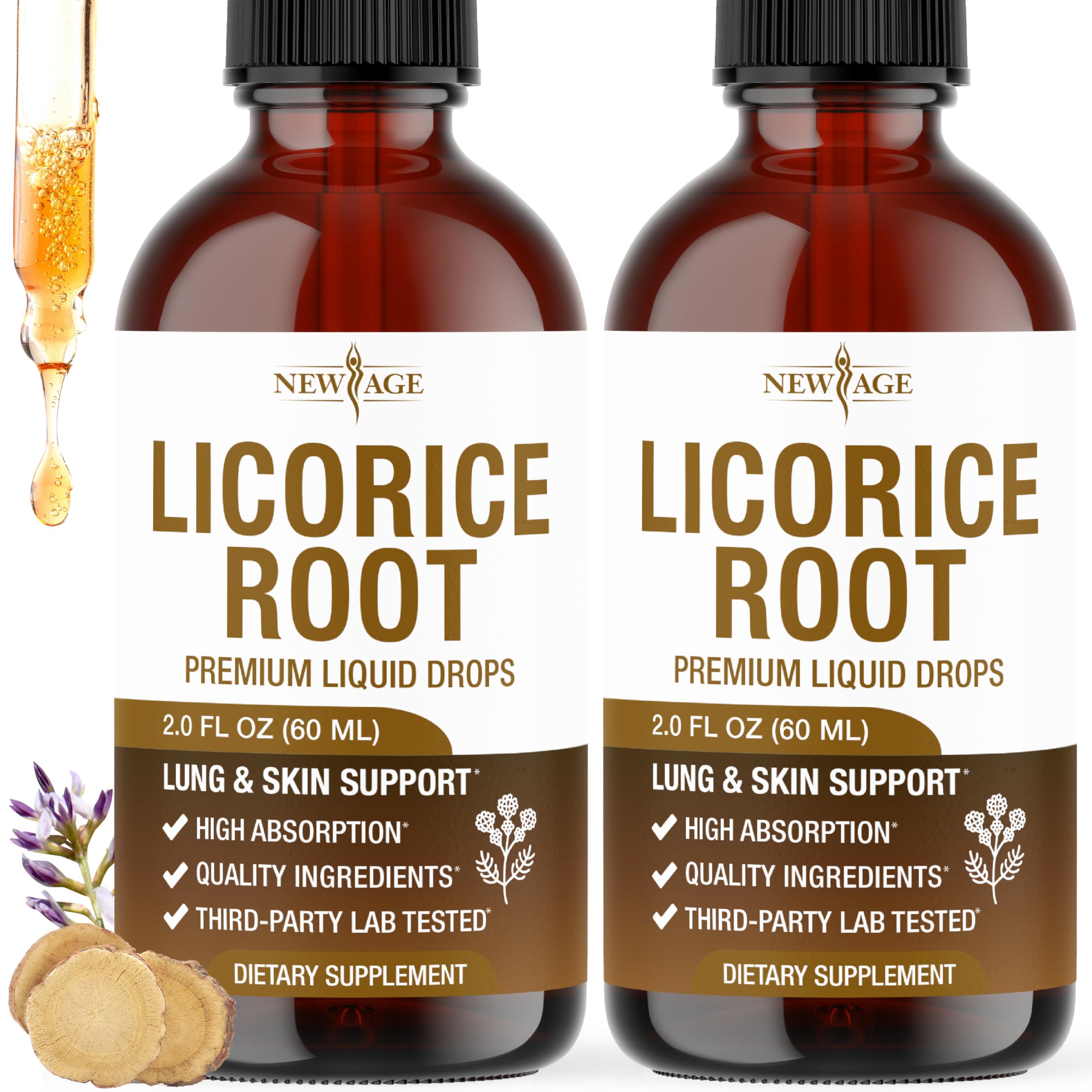 NEW AGE Licorice Root Drops bottle front view highlighting alcohol-free glycerin-based extraction.