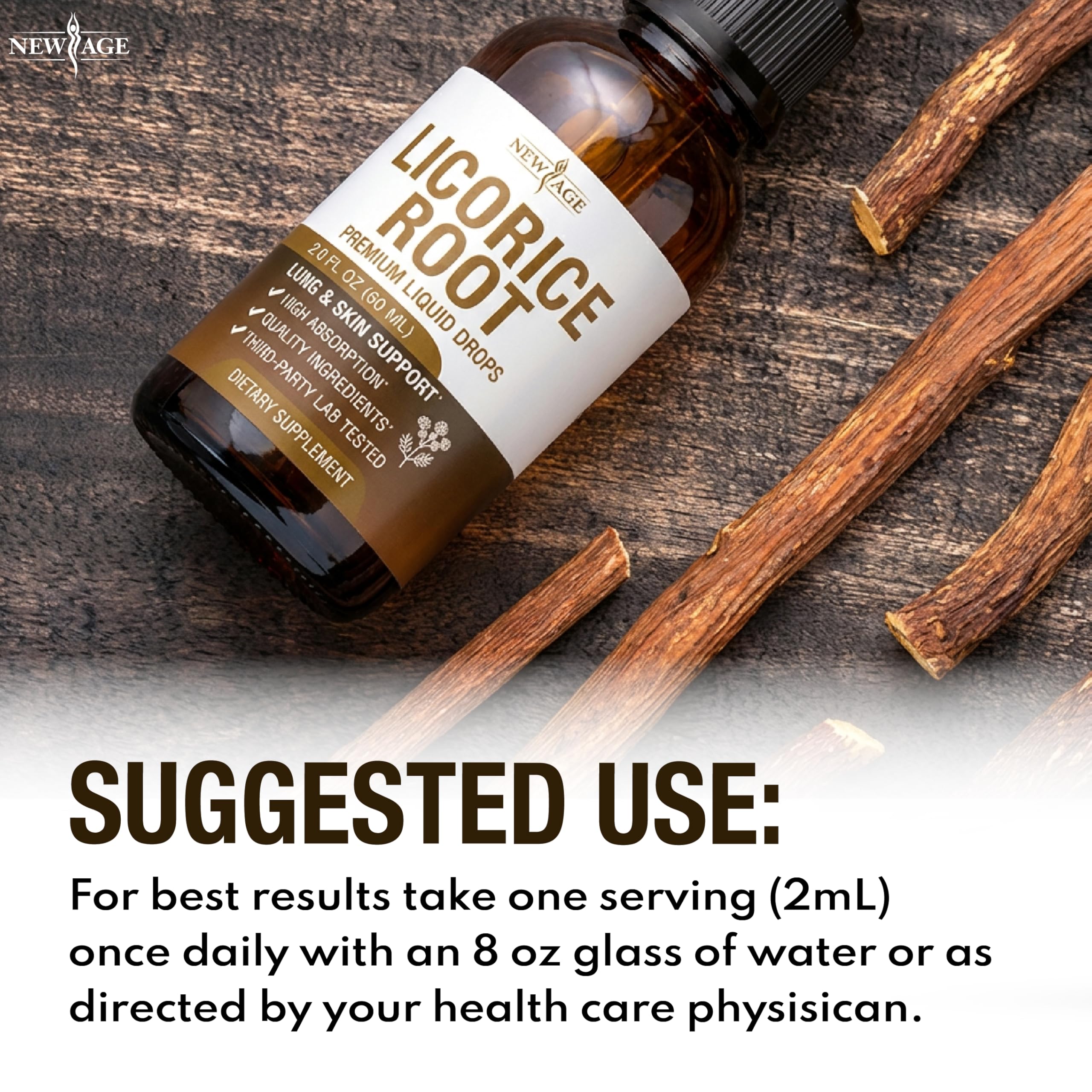 NEW AGE Licorice Root Drops usage shot demonstrates precise dropper dosing for daily balance.