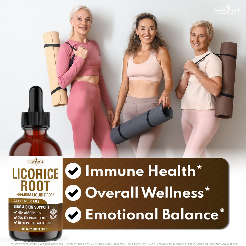 NEW AGE Licorice Root liquid formula in a glass bottle for fast absorption