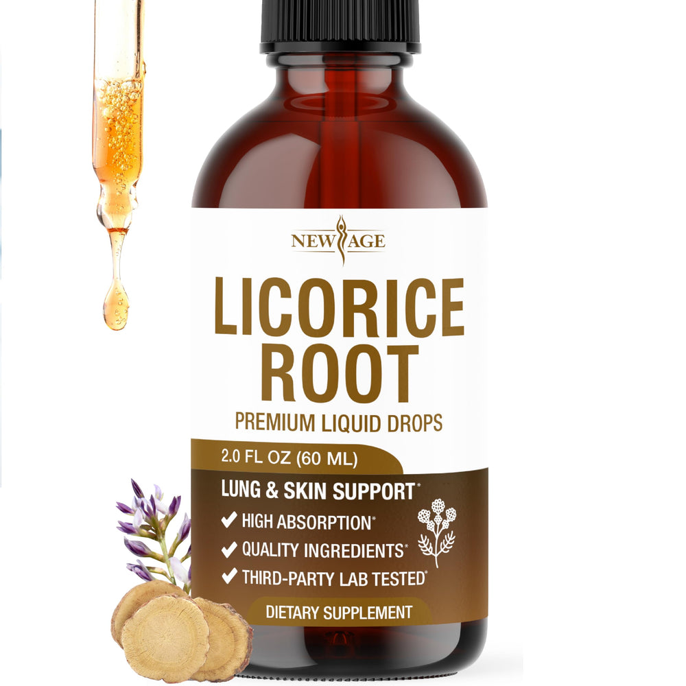 New Age Licorice Root Tincture bottle front shows vegan, alcohol-free support.