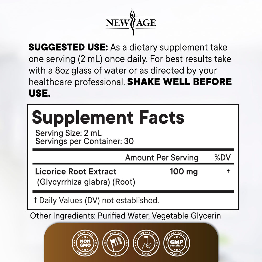 NEW AGE Licorice Root label close-up showing USA-made GMP-certified quality
