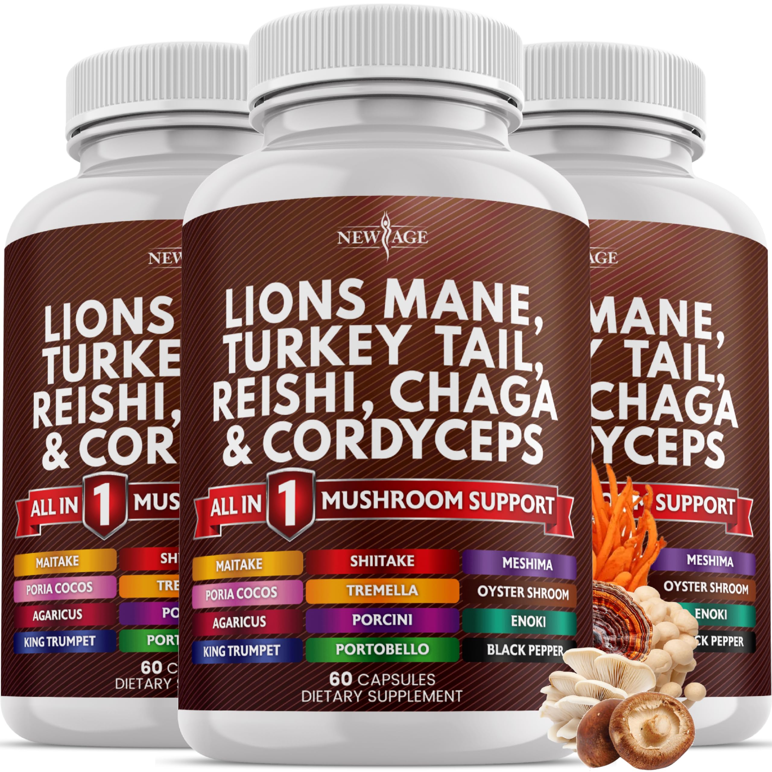 New Age Lions Mane Turkey Tail bottle shows day-to-day mushroom blend for focus and energy