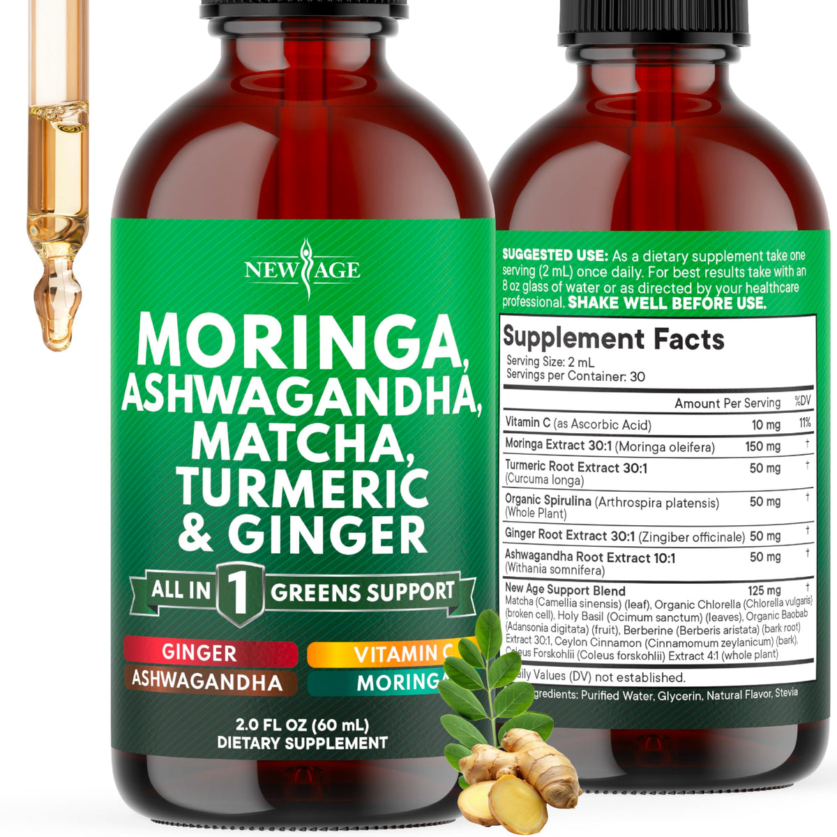 NEW AGE Moringa Supplement Drops bottle closeup for daily vitality