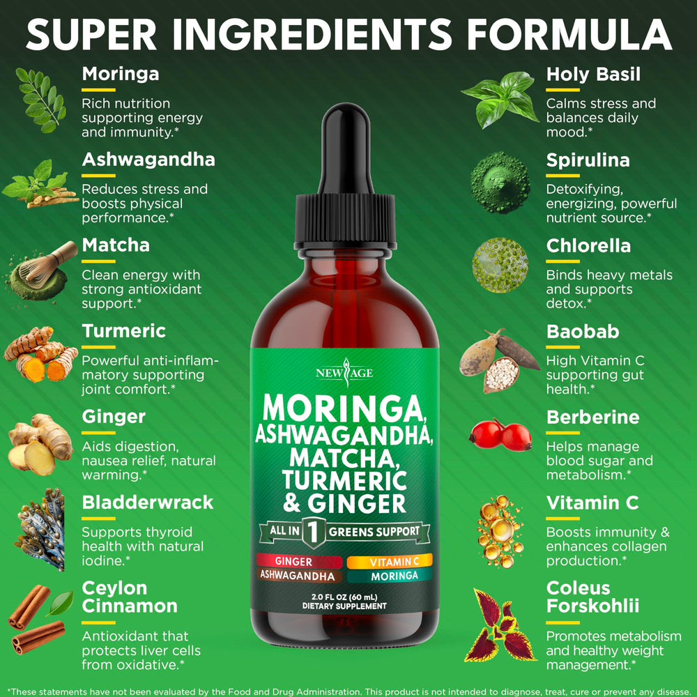 NEW AGE Moringa Drops pouring into a glass for easy dosing