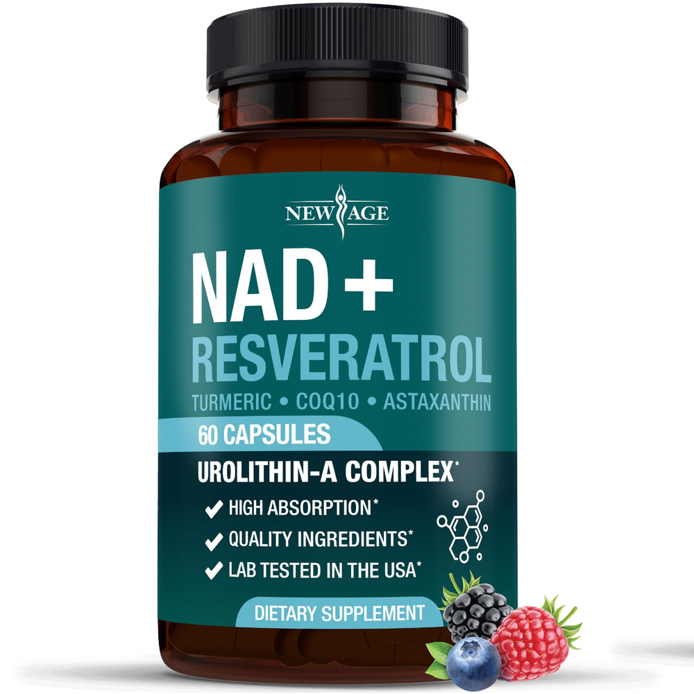 NEW AGE NAD+ bottle front showing the 60-count vegan supplement