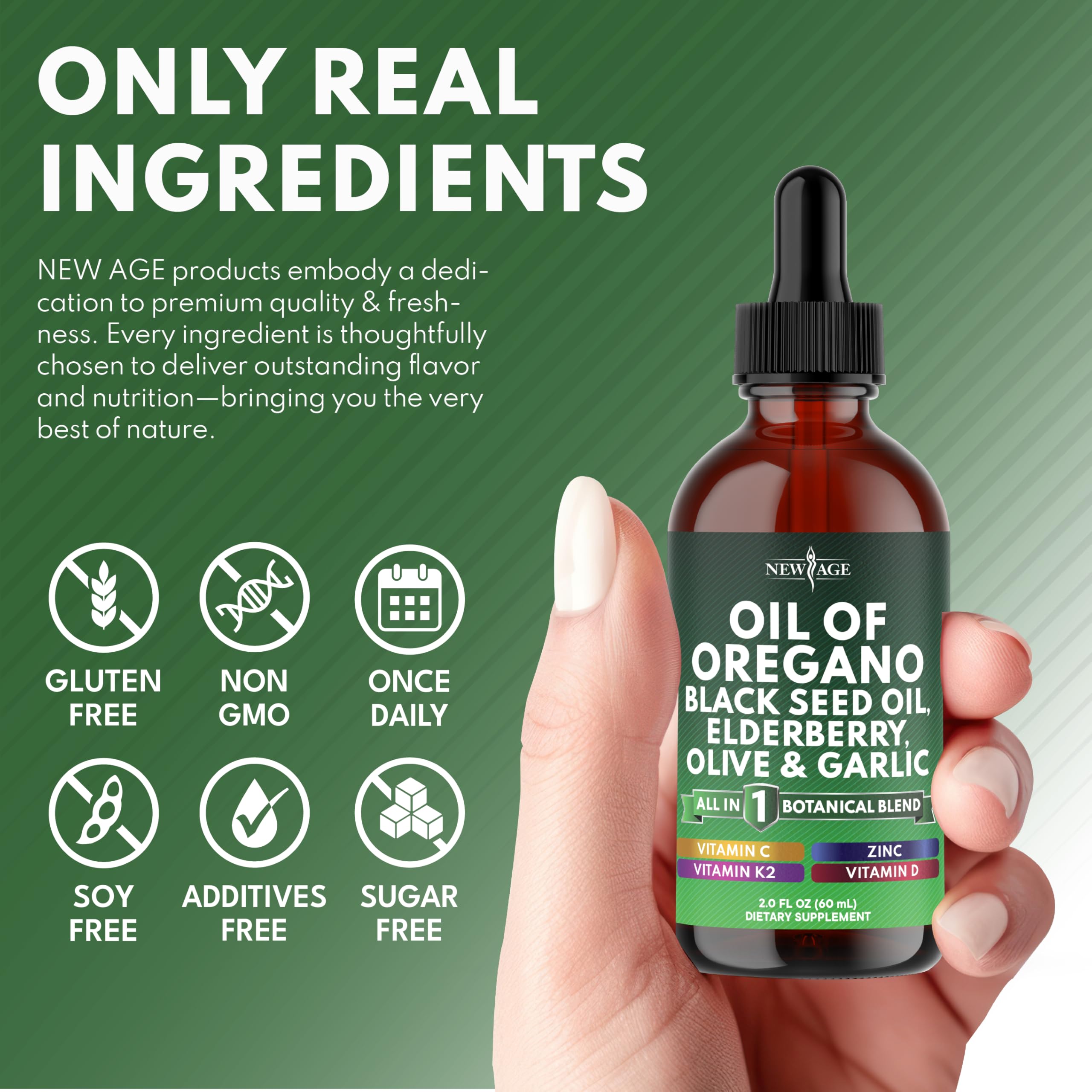 NEW AGE Oil of Oregano Drops clear liquid signals rapid absorption.