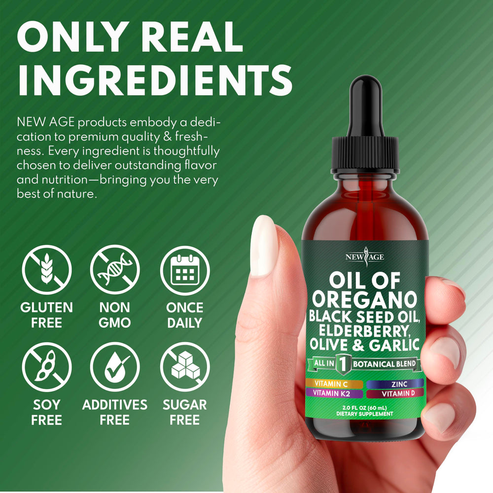 NEW AGE Oil of Oregano Drops clear liquid signals rapid absorption.