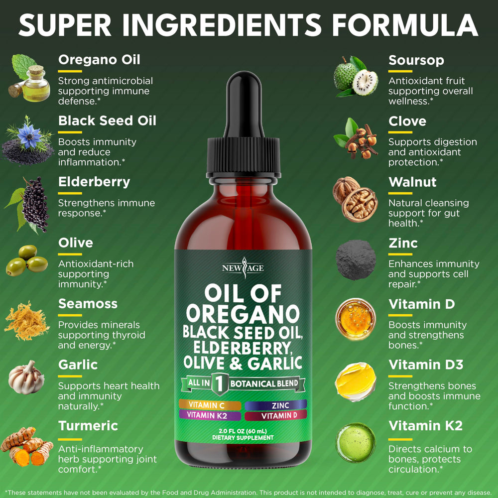 NEW AGE Oil of Oregano Drops dropper ready for easy daily dosing.
