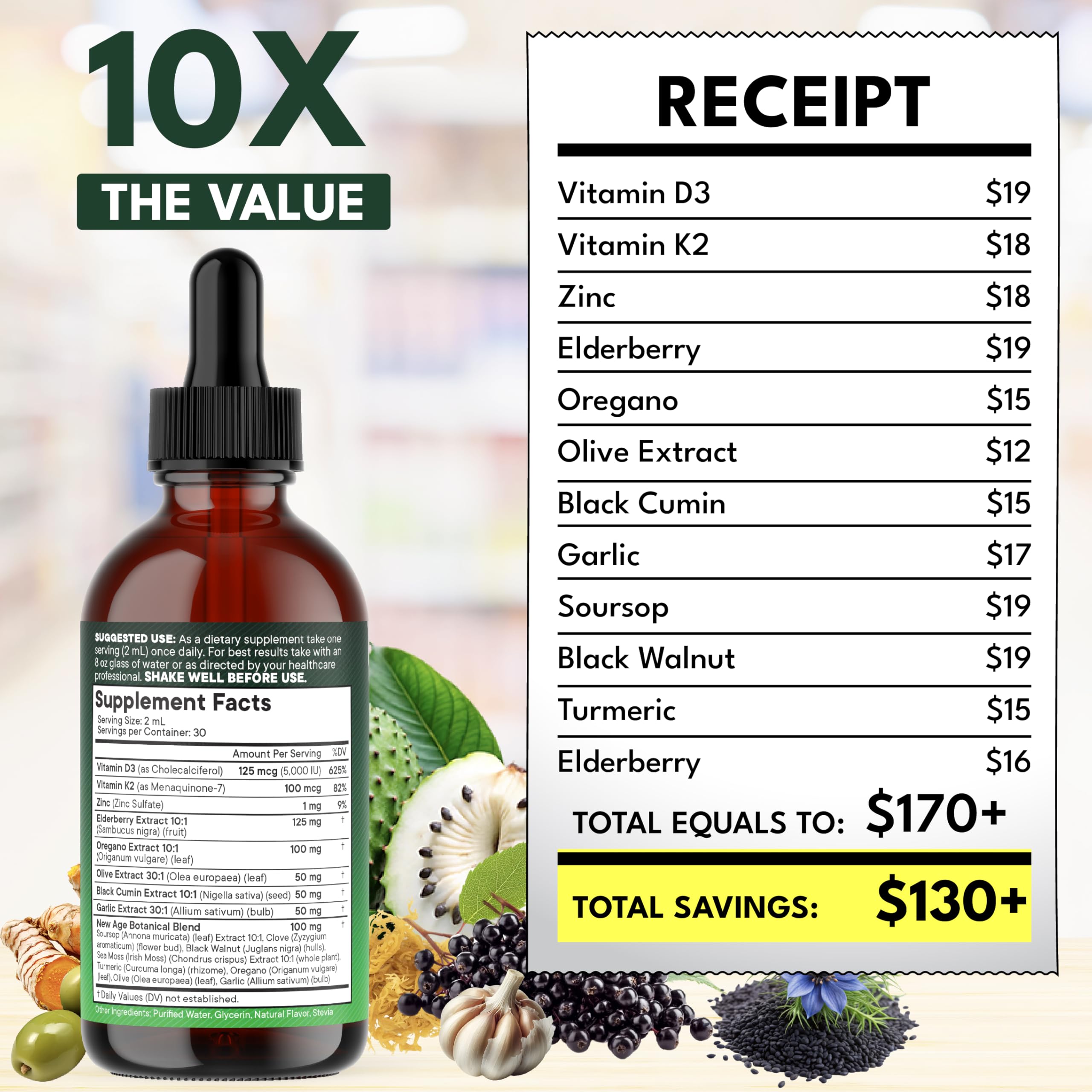 NEW AGE Oil of Oregano Drops ingredients visual hints at elderberry and olive leaf.