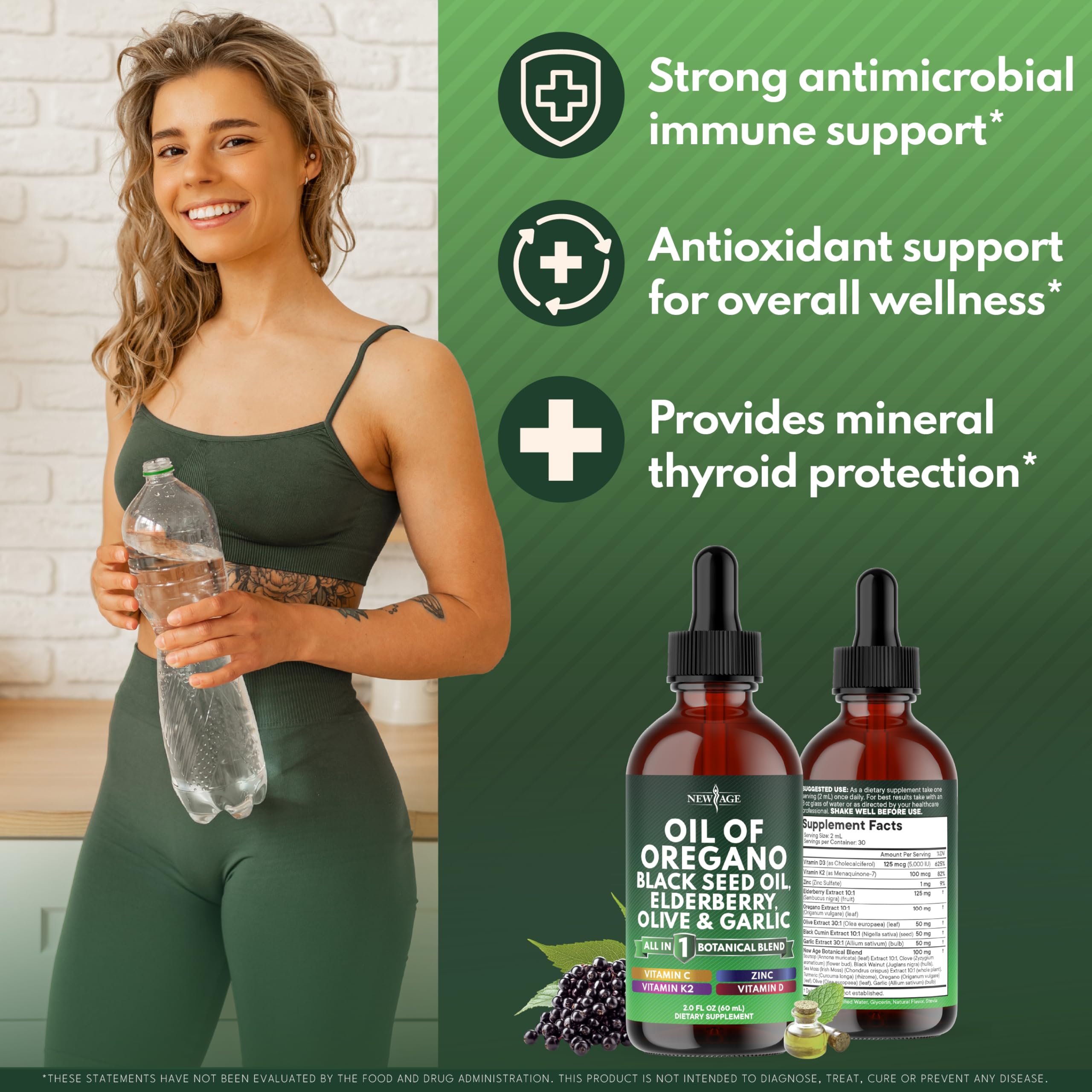 NEW AGE Oil of Oregano Drops label close-up highlights vegan, alcohol-free formula.