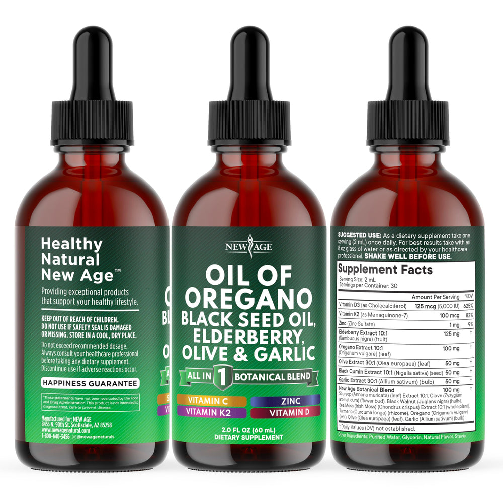NEW AGE Oil of Oregano Drops packaging box conveys USA GMP quality.