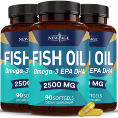 NEW AGE Omega 3 bottle-front with burp-free softgels for daily use.
