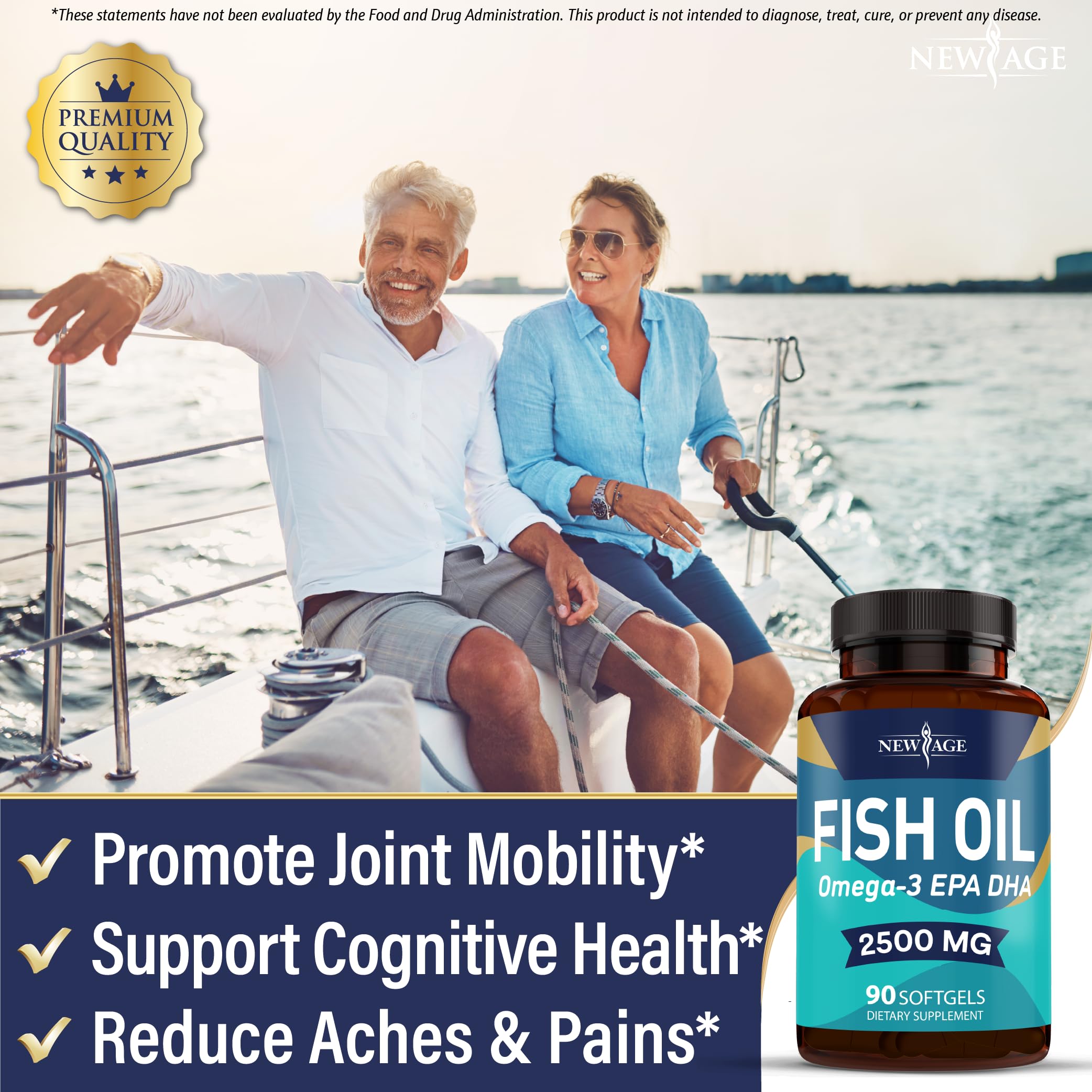 NEW AGE Omega 3 softgels-closeup shows compact, easy-to-swallow capsules.