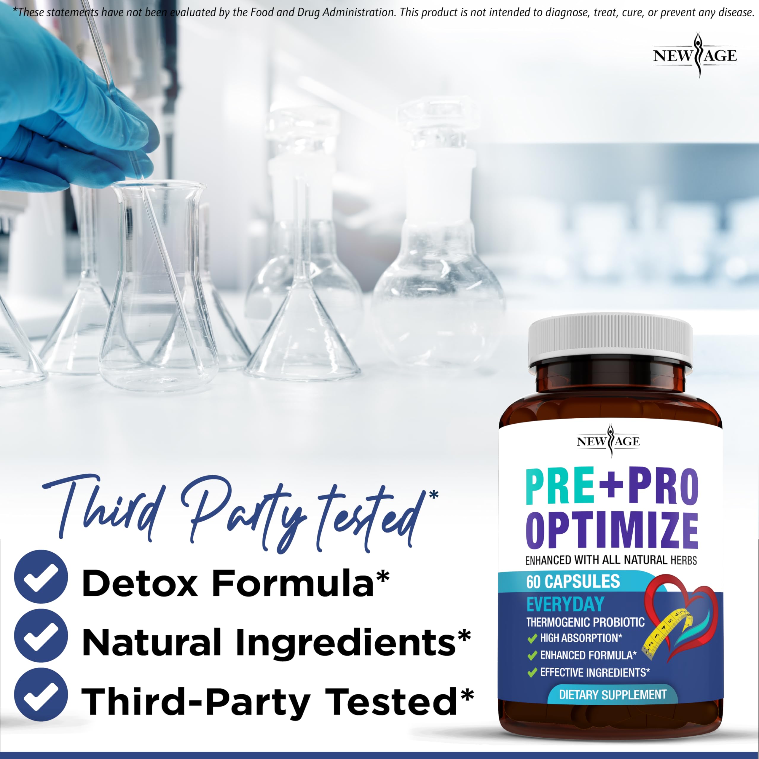 New Age Pro Optimize Probiotics lab certification seal shows third party testing