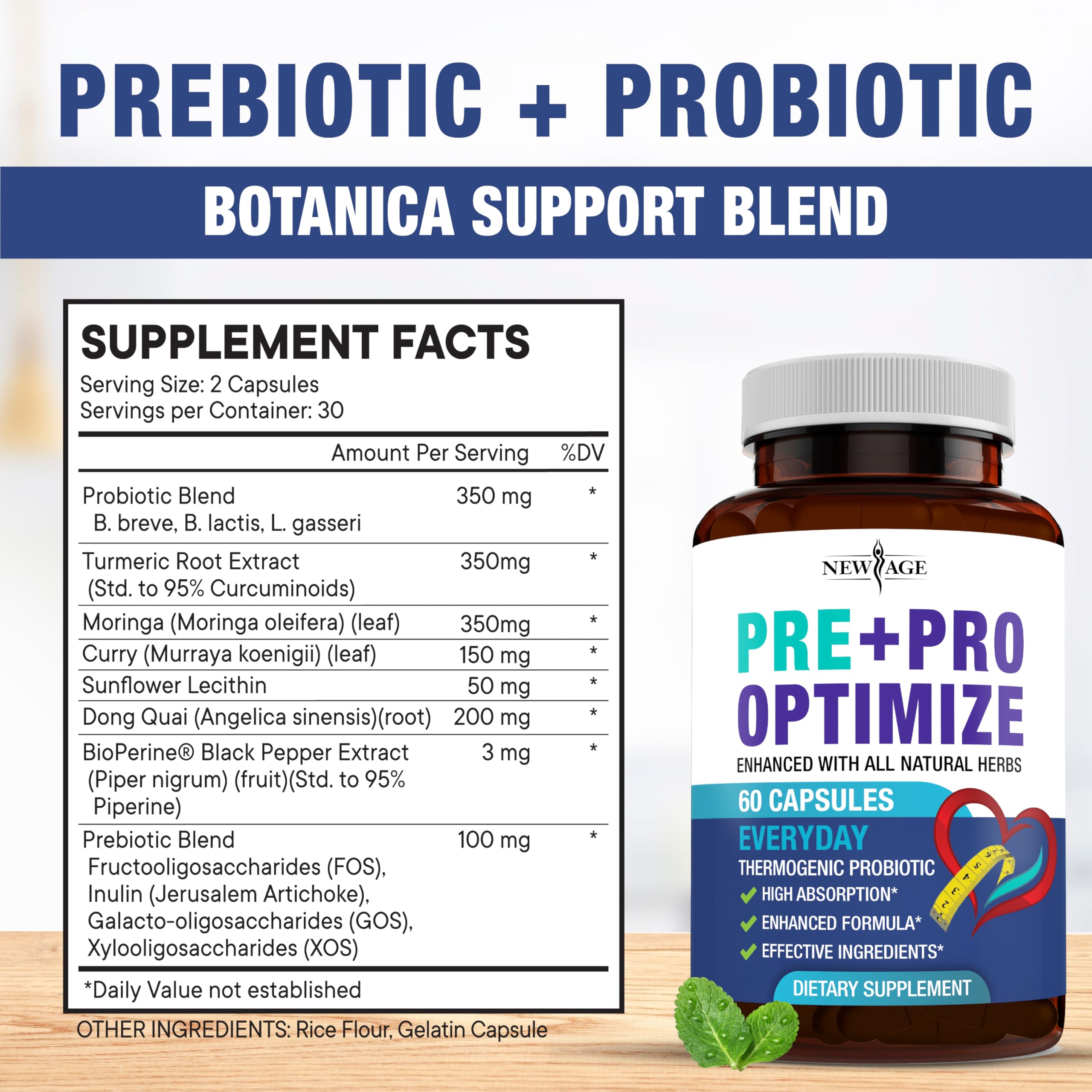 New Age Pro Optimize Probiotics packaging box reveals vegetarian-friendly formulation