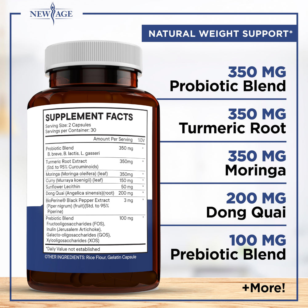 New Age Pro Optimize Probiotics bottle back label detailing dosage and quality